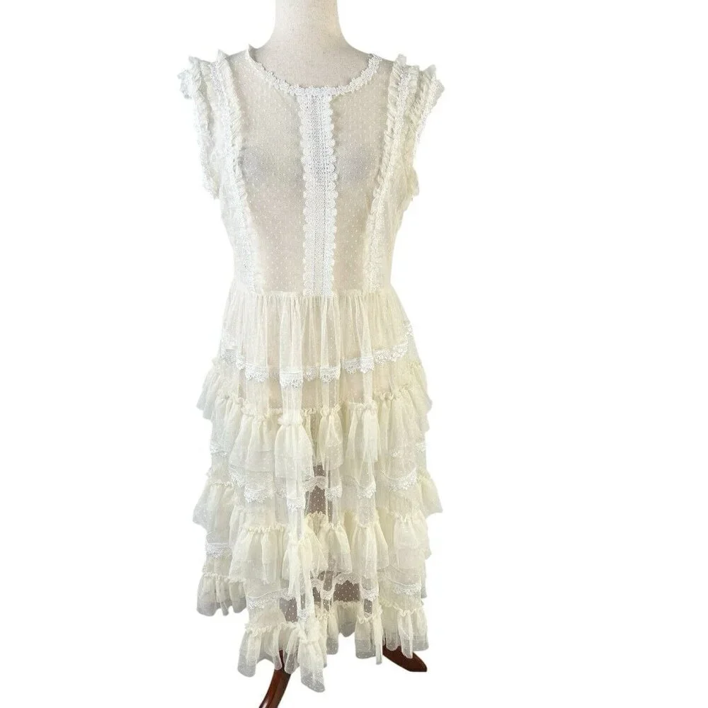 Amy Lynn Dress Cream L Tired Swiss Dot Sheer Fairy Whimsical Romantic Coquette - Picture 1 of 10